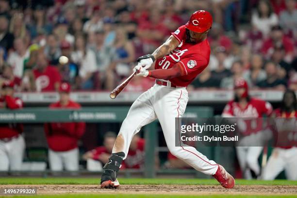 Will Benson of the Cincinnati Reds hits a walk-off home run in the ninth inning to beat the Los Angeles Dodgers 8-6 at Great American Ball Park on...