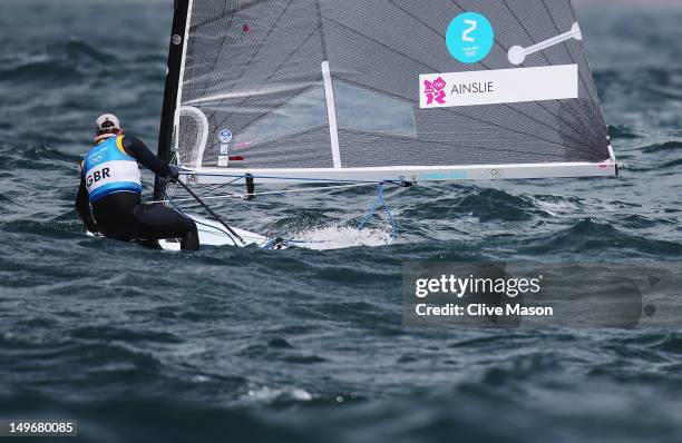 Ben Ainslie of Great Britain competes in the Men's Finn Sailing on Day 6 of the London 2012 Olympic Games at the Weymouth & Portland Venue at...