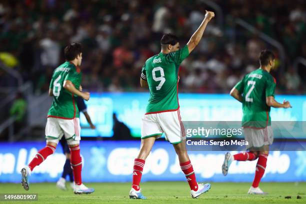 Raul Jimenez of Mexico celebrates the team's first goal during an international friendly match between Mexico and Guatemala at Kraken Stadium on June...