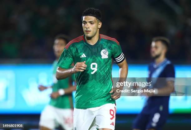 Raul Jimenez of Mexico celebrates the team's first goal during an international friendly match between Mexico and Guatemala at Kraken Stadium on June...