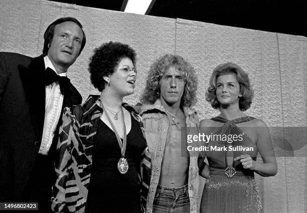 Producer Don Kirshner, Singer Minnie Riperton, Singer Roger Daltrey and Actress Ann-Margret pose during the Rock Awards at the Santa Monica Civic...