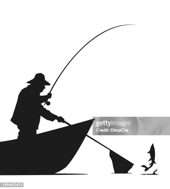 ilustrações de stock, clip art, desenhos animados e ícones de man with fishing rod and landing net in a boat catching fish - cut out vector silhouette - chapéu panamá