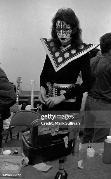 Kiss Guitarist and founding member Ace Frehley seen in the dressing room before performing with the band Kiss at The Forum, Inglewood, CA 1976.