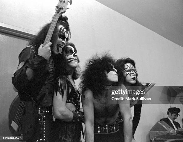 Musician/Singers Gene Simmons, Peter Criss, Paul Stanley and Ace Frehley seen in the dressing room before performing with the band Kiss at The Forum,...