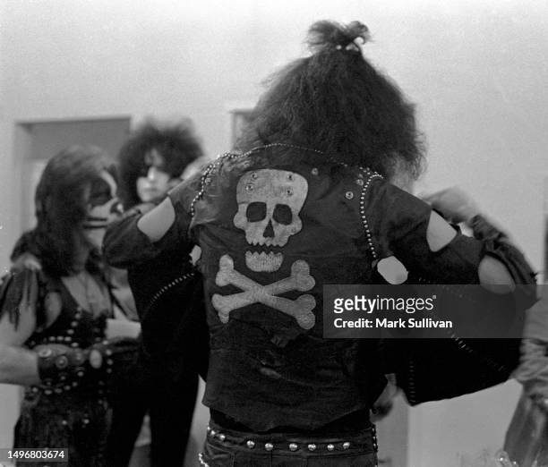 The back of Kiss Guitarist and founding member Gene Simmons seen in the dressing room before performing with the band Kiss at The Forum, Inglewood,...
