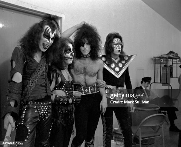 Musician/Singers Gene Simmons, Peter Criss, Paul Stanley and Ace Frehley seen in the dressing room before performing with the band Kiss at The Forum,...