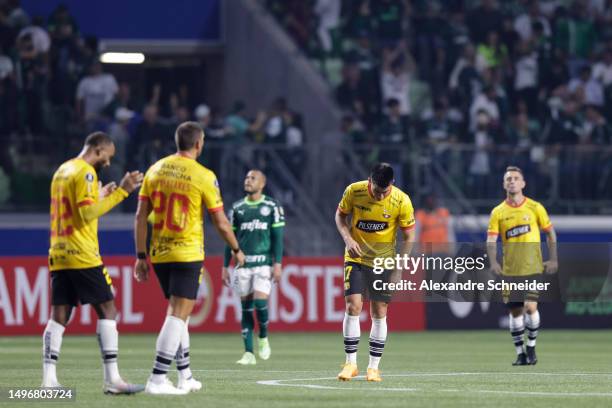 Fernando Gaibor of Barcelona SC and teammates react after loosing a match between Palmeiras and Barcelona SC as part of Copa CONMEBOL Libertadores...