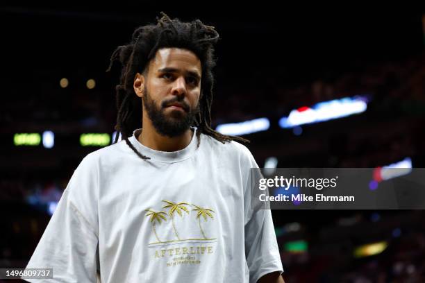 Cole is seen in attendance during Game Three of the 2023 NBA Finals between the Denver Nuggets and the Miami Heat at Kaseya Center on June 07, 2023...