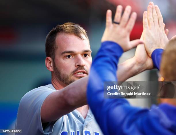 Trey Mancini of the Chicago Cubs celebrates a run against the Los Angeles Angels in the fifth inning at Angel Stadium of Anaheim on June 07, 2023 in...