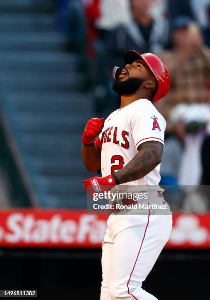 Luis Rengifo of the Los Angeles Angels celebrates a home run against the Chicago Cubs in the fifth inning at Angel Stadium of Anaheim on June 07,...