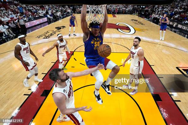 Aaron Gordon of the Denver Nuggets dunks during the second half against the Miami Heat in Game Three of the 2023 NBA Finals at Kaseya Center on June...
