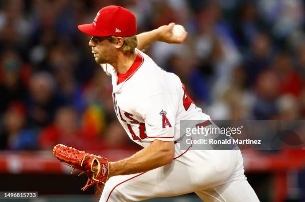 Ben Joyce of the Los Angeles Angels throws against the Chicago Cubs in the sixth inning at Angel Stadium of Anaheim on June 07, 2023 in Anaheim,...