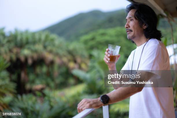 a couple enjoys staying in a villa on vacation. - 鹿児島県 fotografías e imágenes de stock