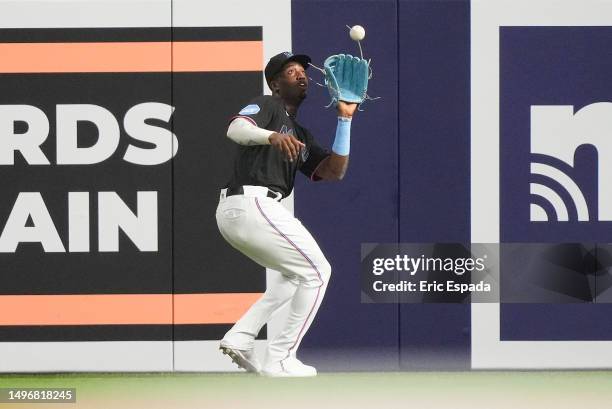 Jesus Sanchez of the Miami Marlins catches a fly ball off the bat of Salvador Perez of the Kansas City Royals during the sixth inning at loanDepot...