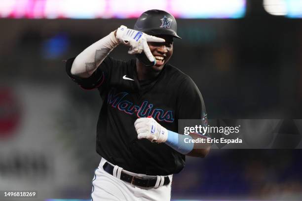 Jesus Sanchez of the Miami Marlins celebrates after hitting a home run in the third inning against the Kansas City Royals at loanDepot park on June...