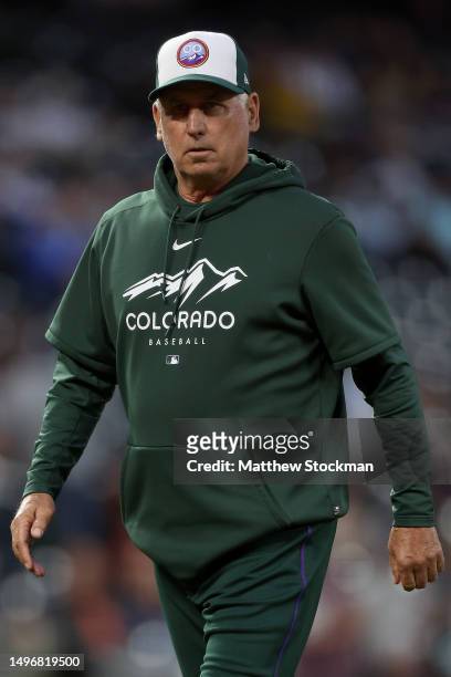 Manager Bud Black of the Colorado Rockies walks back to the dugout after changing pitchers against the San Francisco Giants in the seventh inning at...