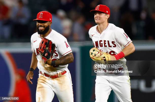 Luis Rengifo of the Los Angeles Angels and Mickey Moniak of the Los Angeles Angels celebrate a 6-2 win against the Chicago Cubs at Angel Stadium of...