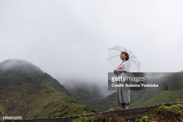 a woman sightseeing with an umbrella on a rainy day in a travel destination. - 鹿児島県 stockfoto's en -beelden