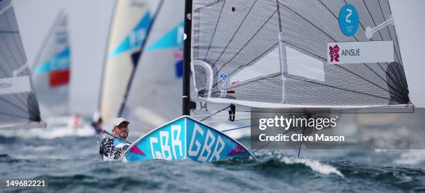 Ben Ainslie of Great Britain competes in the Men's Finn Sailing on Day 6 of the London 2012 Olympic Games at the Weymouth & Portland Venue at...