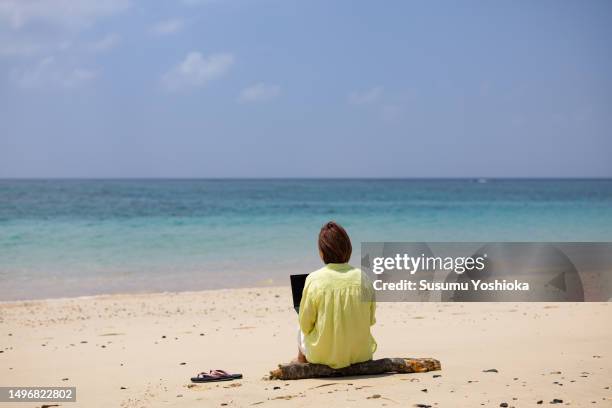 a woman using a laptop on a beach on vacation. - 鹿児島県 fotografías e imágenes de stock