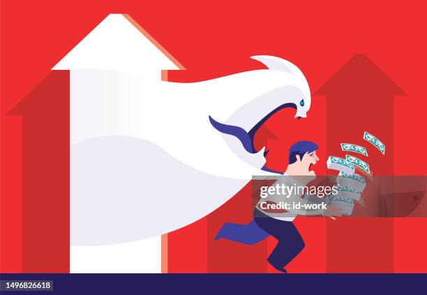 businessman holding stack of banknotes and caught by angry ghost from arrow sign doorway - hopelessness stock illustrations