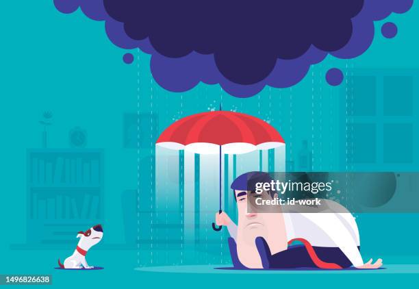 sad businessman siting on ground and holding umbrella with bad cloud and raining - caught in rain stock illustrations