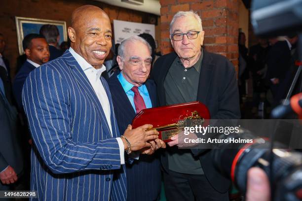 New York City Mayor Eric Adams, Director Martin Scorsese, and Actor Robert De Niro attend the Tribeca Festival Opening Night Reception at Tribeca...