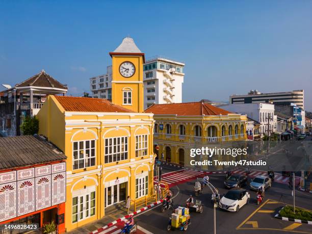 aerial view of phuket town square clock tower - phuket old town stock pictures, royalty-free photos & images