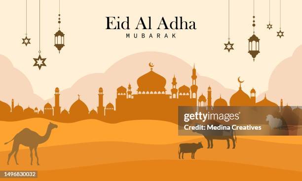 qurban in eid al adha mubarak mit moschee, sternen und laternen als hintergrund. - eid al adha stock-grafiken, -clipart, -cartoons und -symbole