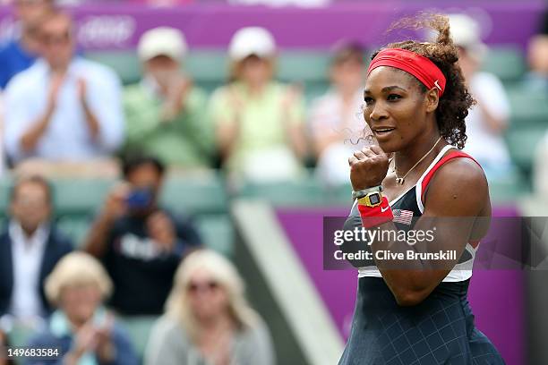 Serena Williams of the United States celebrates after defeating Caroline Wozniacki of Denmark in the Quarterfinals of Women's Singles Tennis on Day 6...