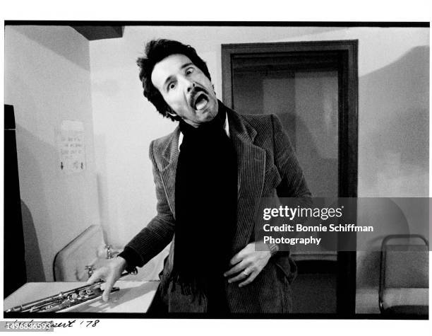 American trumpeter Herb Alpert makes a face with his trumpet in Los Angeles, California, circa 1978.