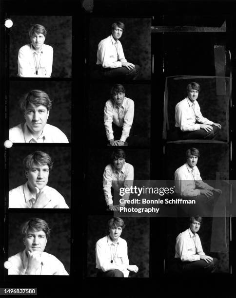 American filmmaker David Lynch poses for a portrait in these twelve images on one proof sheet in Los Angeles, California, circa 1986.