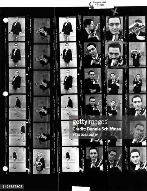 American alto saxophonist Art Pepper Jr. Poses for a portrait with his saxophone in these thirty-six images on one proof sheet in Los Angeles,...