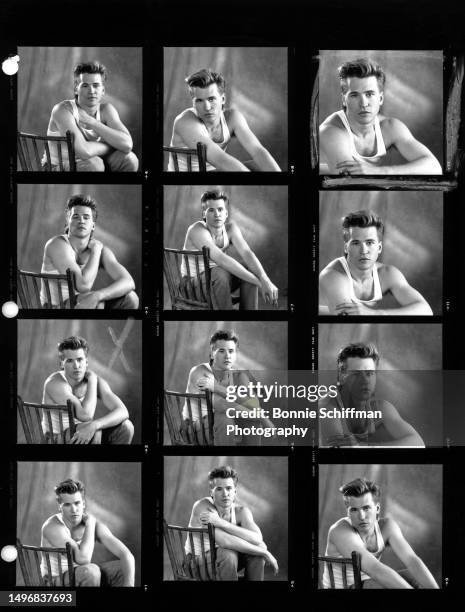 American actor Val Kilmer poses for a portrait sitting with a white tank top and jeans in these twelve images on one proof sheet in Los Angeles,...