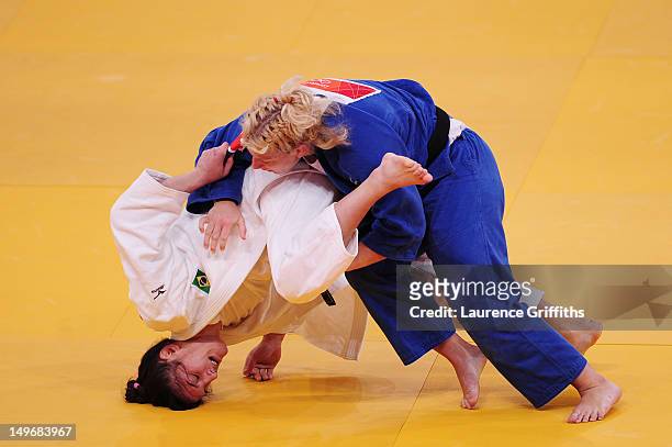 Mayra Aguiar of Brazil and Kayla Harrison of the United States compete in the Women's -78 kg Judo on Day 6 of the London 2012 Olympic Games at ExCeL...