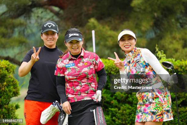 Seira Oki, Hiroko Azuma and Miyuki Takeuchi of Japan pose on the 17th hole during the first round of ROUTE INN Cup at Ueda Maruko Grandvrio Golf Club...