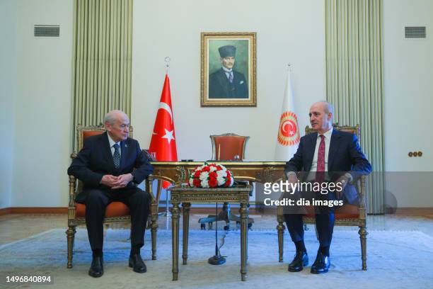 Chairman Devlet Bahçeli and Numan Kurtulmuş on June 7, 2023 in Ankara, Türkiye. AK Party Istanbul Deputy Numan Kurtulmuş became the new Speaker of...