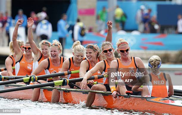 The Netherlands' rowers Anne Schellekens, Annemiek de Haan, Carline Bouw, Claudia Belderbos, Roline Repelaer van Driel, Sytske de Groot, Chantal...