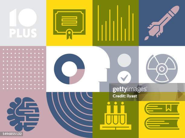 pattern infographic with icons for science - research poster stock illustrations