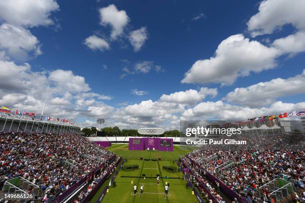 General View as Aida Roman Arroyo of Mexico competes in her Women's Individual Archery Gold Medal match against Bobae Ki of Korea on Day 6 of the...