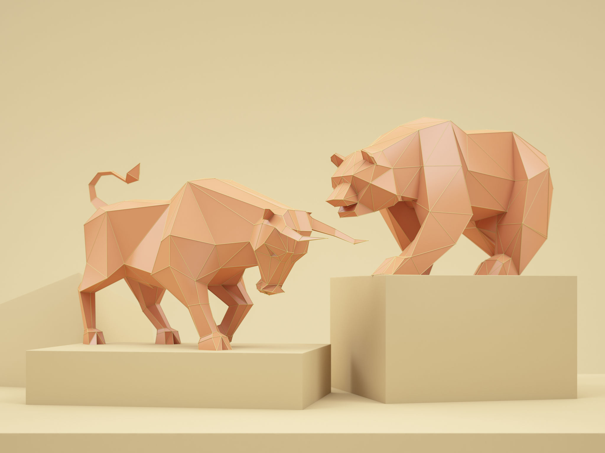 Pastel Colored Low Poly Bull and Bear Pastel Colored Low Poly Bull and Bear