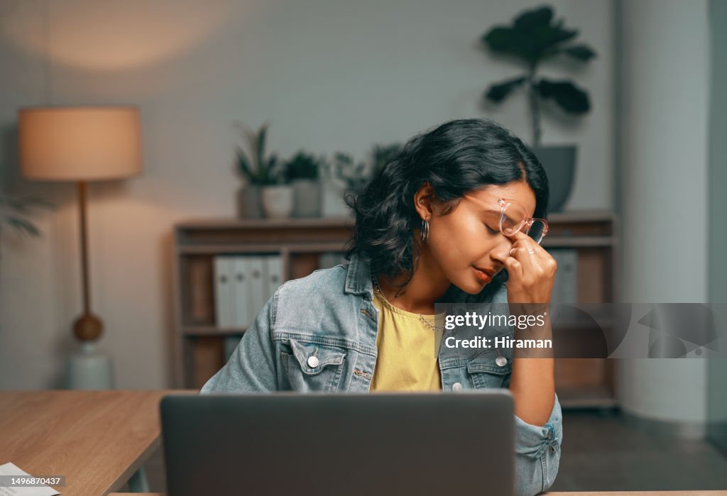 Student, stress and headache in night home of university, college and school project fail, mistake and crisis. Anxiety, worry and fear for Indian woman with elearning technology, planning and problem
