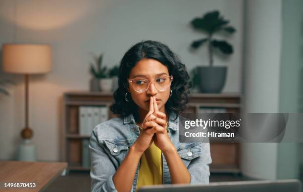 student, stress and thinking in night home of university, college and school project fail, mistake and crisis. anxiety, worry and fear for indian woman with elearning technology, planning and problem - incerteza imagens e fotografias de stock