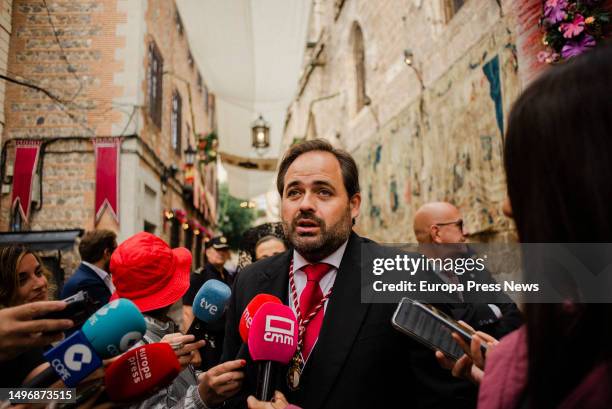 The president of the PP in Castilla-La Mancha, Paco Nuñez, attends to the media upon his arrival to the celebration of Corpus Christi, June 8 in...