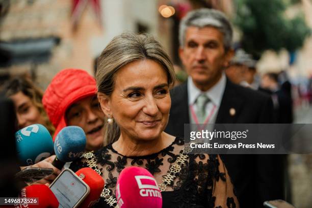 The mayor of Toledo, Milagros Tolon, attends to the media upon her arrival to the celebration of Corpus Christi, June 8 in Toledo, Castilla-La...