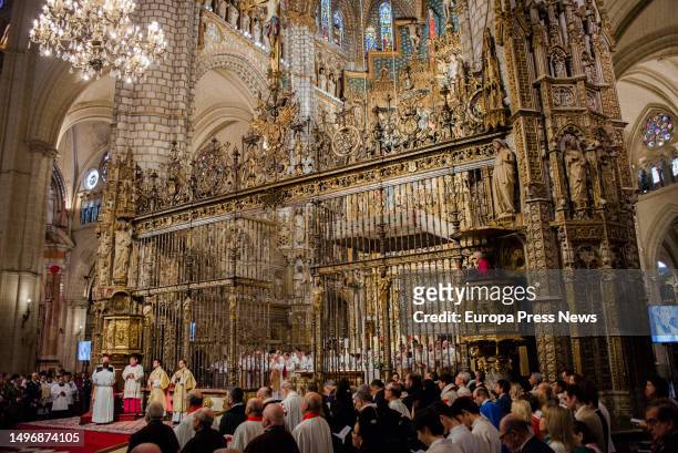 Priests during the celebration of Corpus Christi, June 8 in Toledo, Castilla-La Mancha, Spain. The celebration of Corpus Christi in Toledo extends...