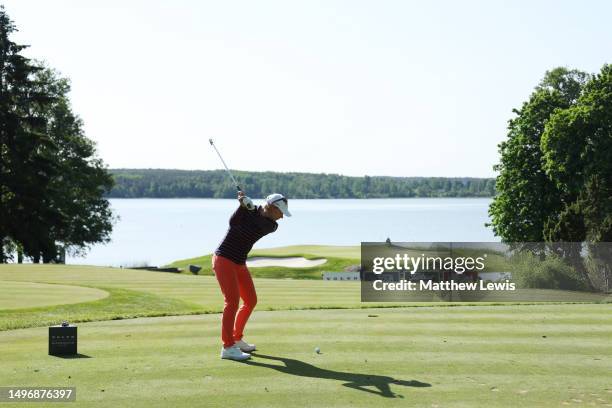 Annika Sorenstam of Sweden tees off on the fourteenth hole during Day One of the Volvo Car Scandinavian Mixed at Ullna Golf & Country Club on June...