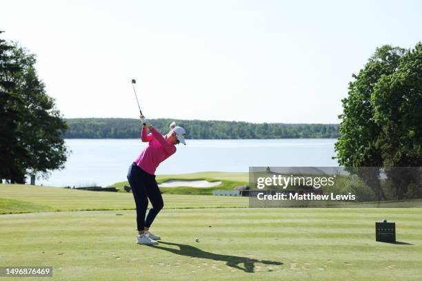 Madelene Sagstrom of Sweden tees off on the fourteenth hole during Day One of the Volvo Car Scandinavian Mixed at Ullna Golf & Country Club on June...