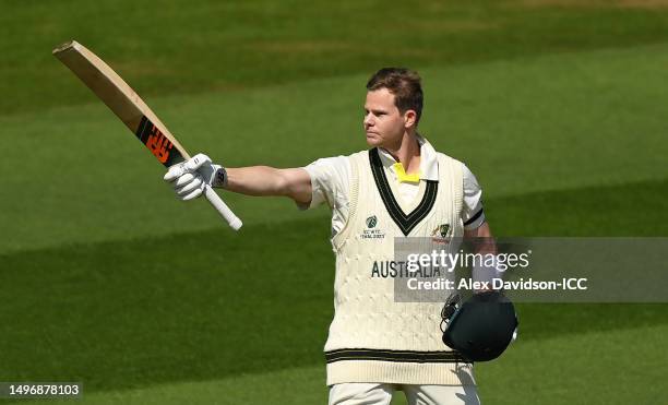 Steve Smith of Australia celebrates their century during day two of the ICC World Test Championship Final between Australia and India at The Oval on...