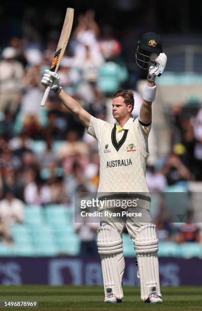 Steve Smith of Australia celebrates after reaching his century during day two of the ICC World Test Championship Final between Australia and India at...